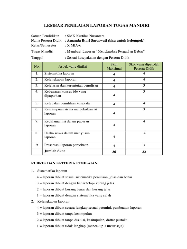 Form Penilaian Tugas Mandiri Pdf