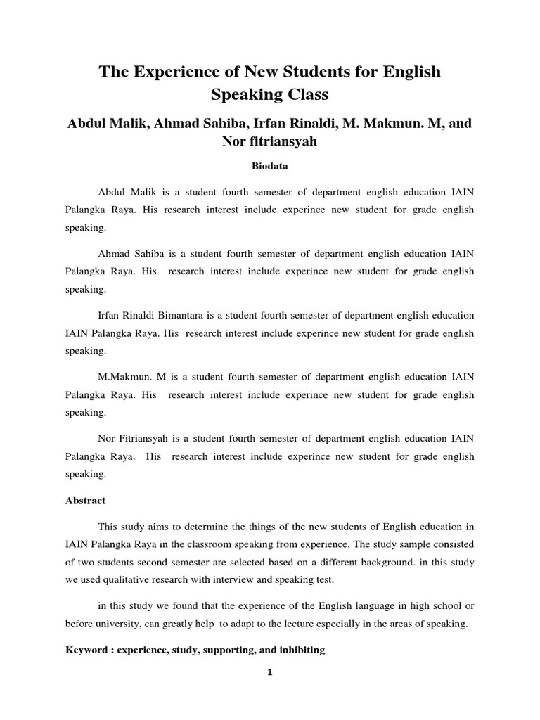 The Experience of New Students For English Speaking Class | PDF ...