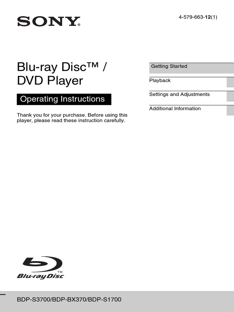 Sony Wifi Blu Ray DVD Player BDPS3700 BDPBX370 BDPS1700 Manual PDF