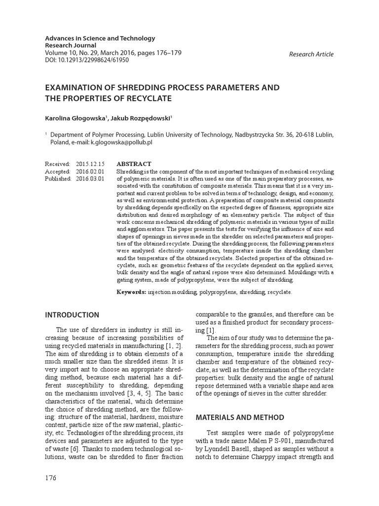 Shredding Process Parameters in Recycling | PDF | Density | Polymers