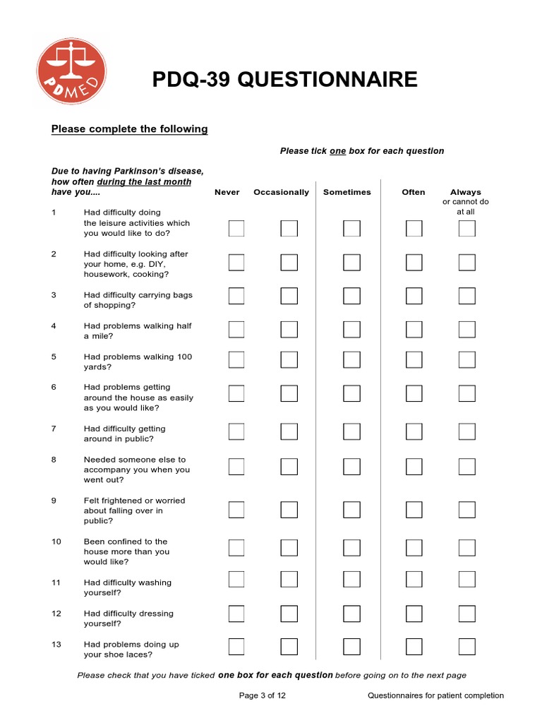 Pdq39 Questionnaire Please Complete The Following PDF Parkinson's