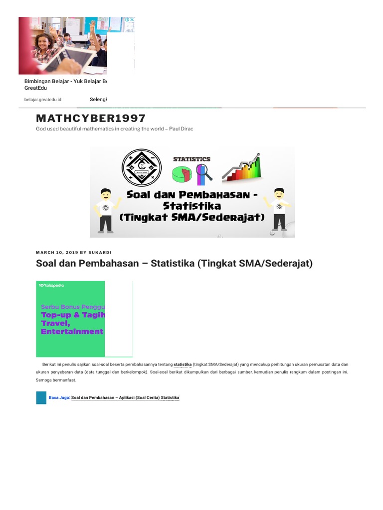 Soal Dan Pembahasan Statistika Tingkat Sma Sederajat Mathcyber1997