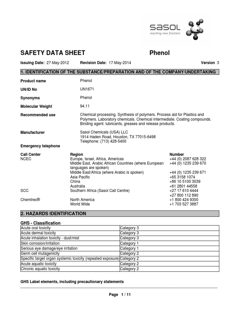 Safety Data Sheet Phenol: 1. Identification of The Substance ...