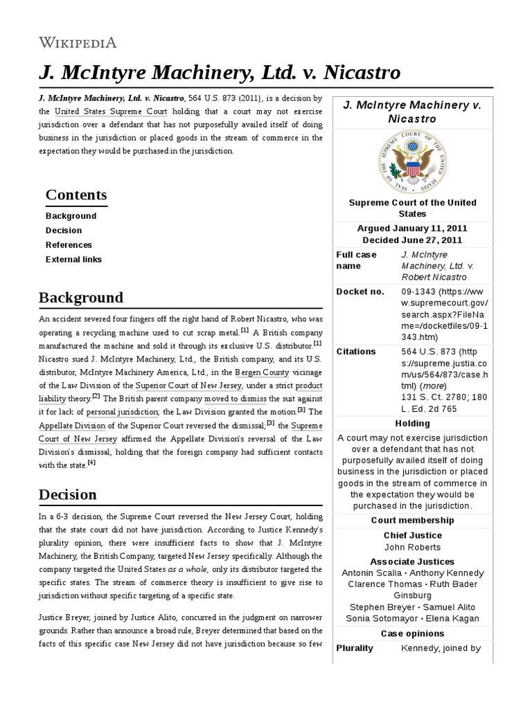 J. McIntyre Machinery, Ltd. v. Nicastro PDF John Roberts Stephen Breyer