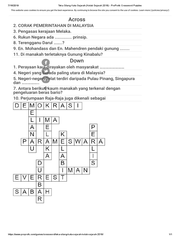 Teka Silang Kata Sejarah Kelab Sejarah 2018 Proprofs Crossword