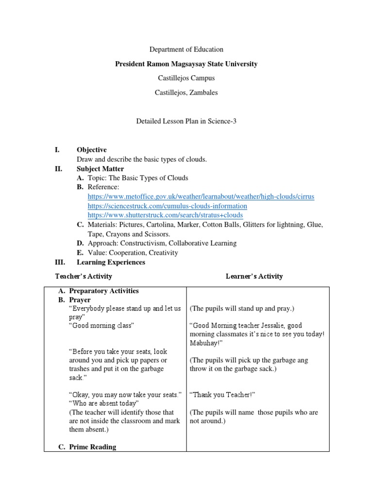 Grade 3 Lesson Plan: Types of Clouds | PDF | Cloud | Teaching