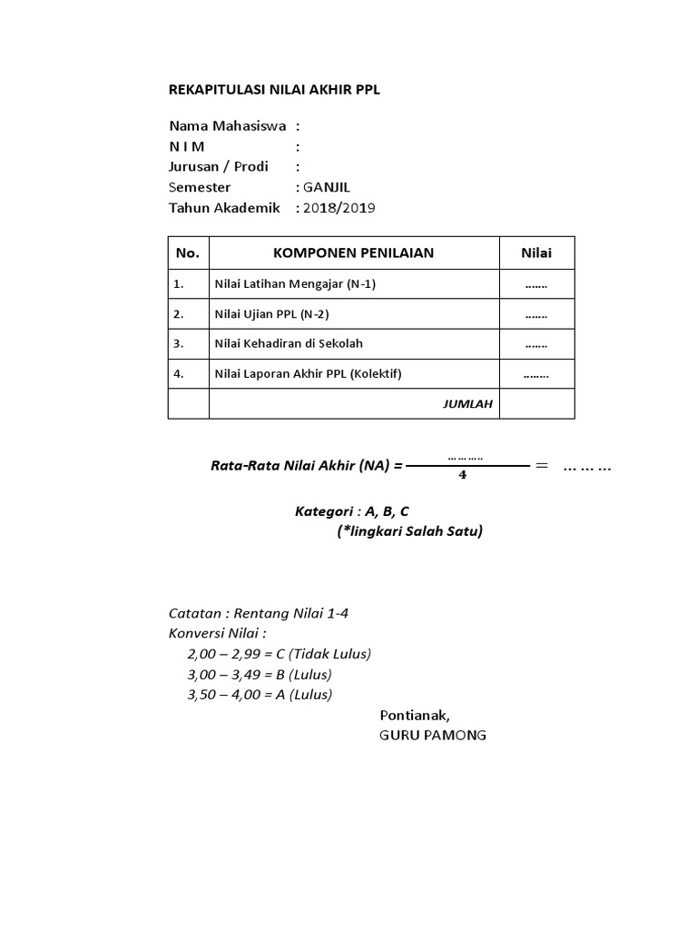 Rekapitulasi Nilai Akhir PPL Mahasiswa | PDF