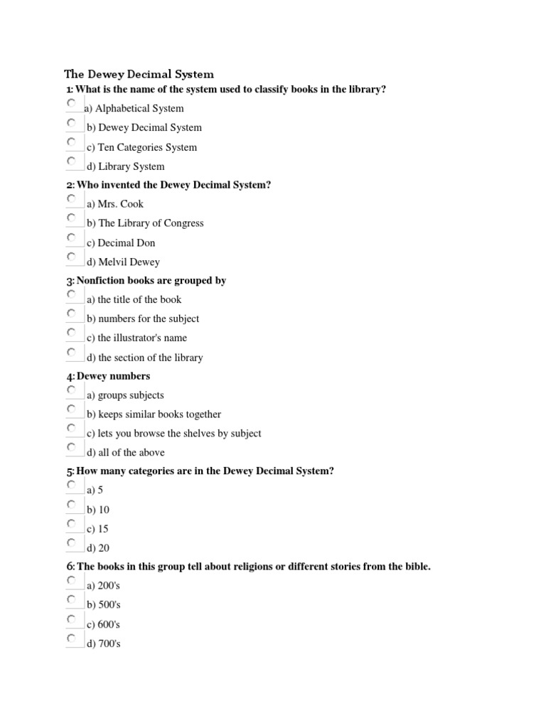 The Dewey Decimal System Quiz PDF