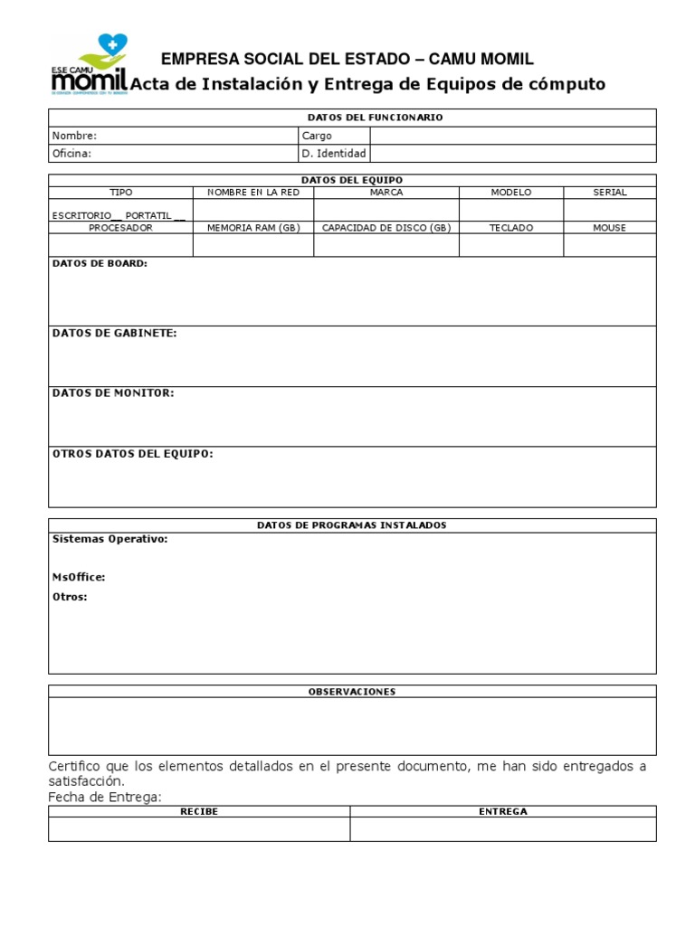 Acta de Entrega de Equipo de Cómputo Ese Camu | PDF | Informática