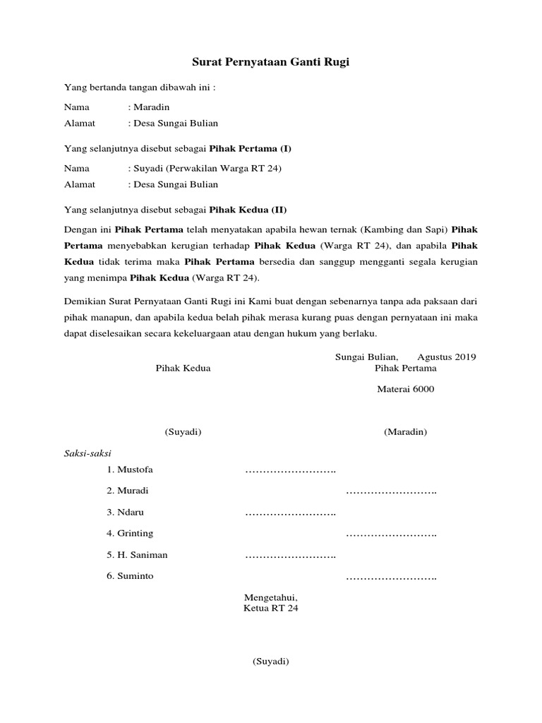 Surat Pernyataan Ganti Rugi
