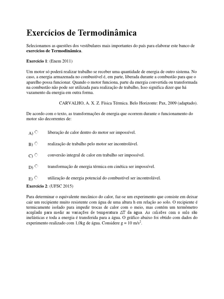Exercícios de Termodinâmica para ENEM | PDF | Calor | Temperatura