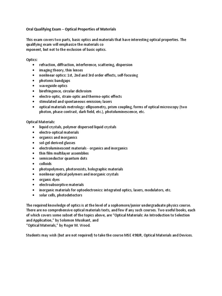 Oral Qualifying Exam Optical Properties of Materials PDF