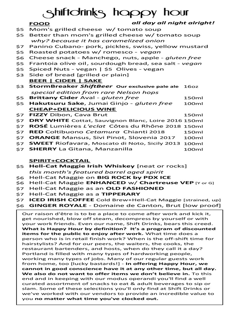 Shift Drinks Happy Hour Menu | PDF | Barrel | Whisky