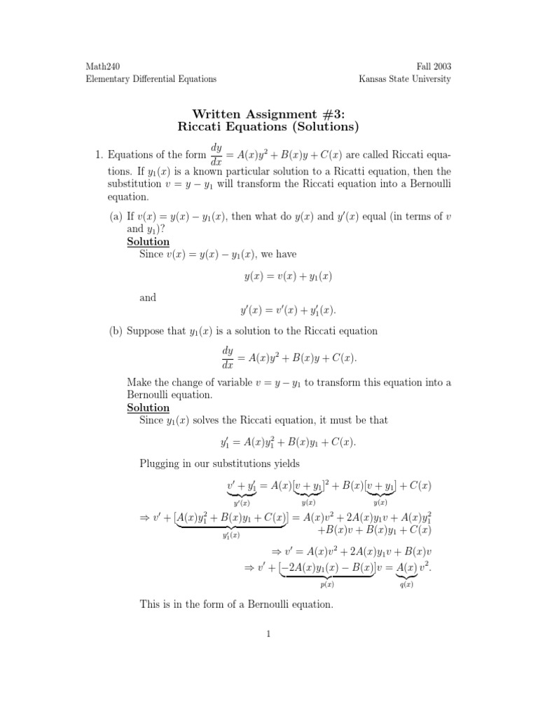 Riccati Equations Questions And Solutions Pdf Ordinary Differential Equation Equations
