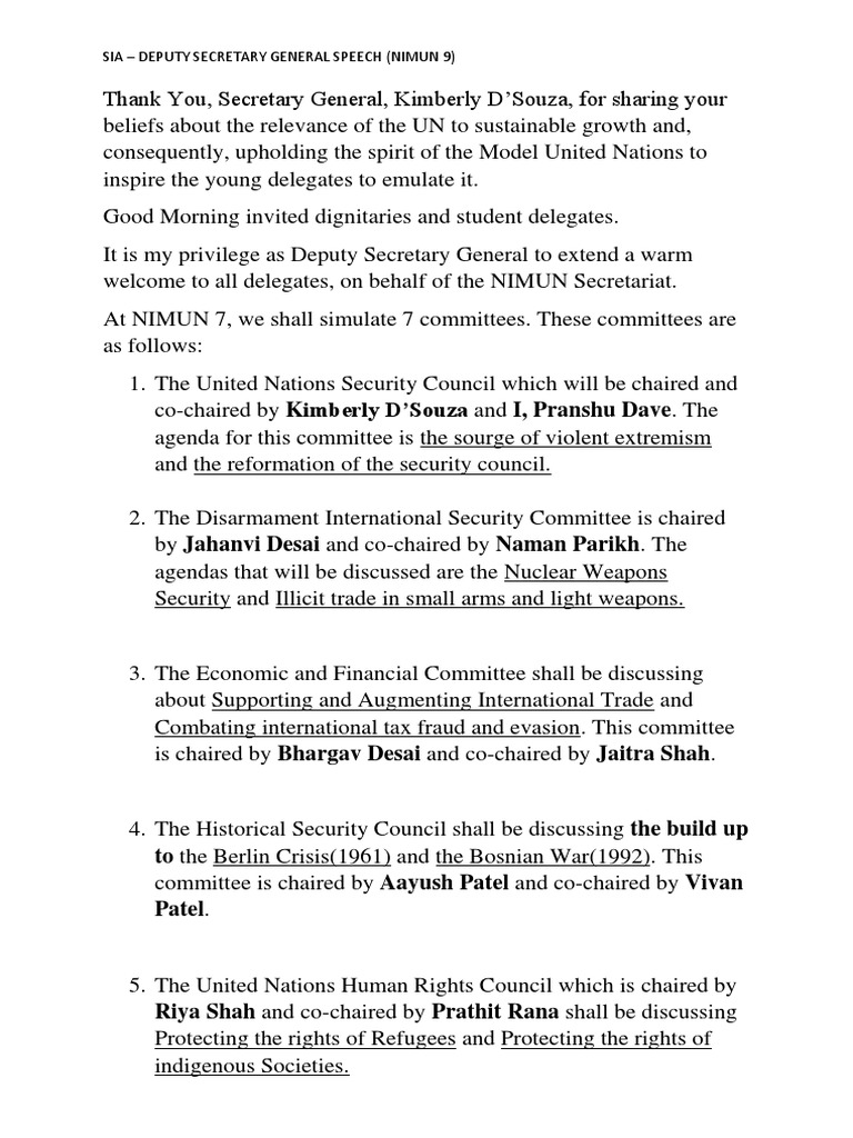 NIMUN 9 Opening Speech Highlights | PDF | United Nations ...