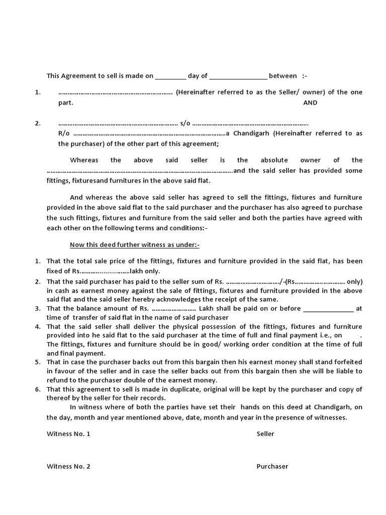 Agreement To Sell For Furnitures and Fittings PDF Private Law
