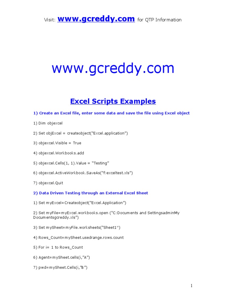 Excel Scripts Examples: Visit: For QTP Information | PDF | Microsoft ...