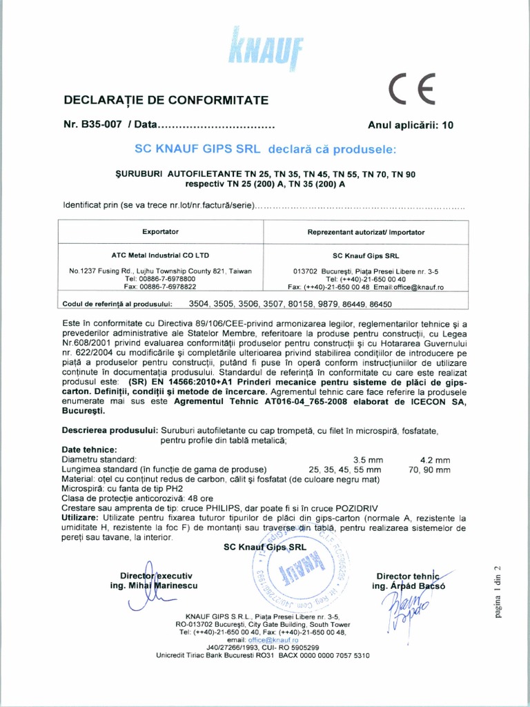 Certificat Conformitate - Knauf Suruburi | PDF