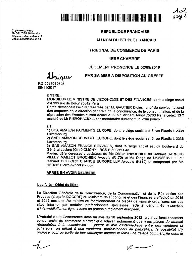 Jugement Tribunal Commerce Paris Amazon 2 Sept 2019