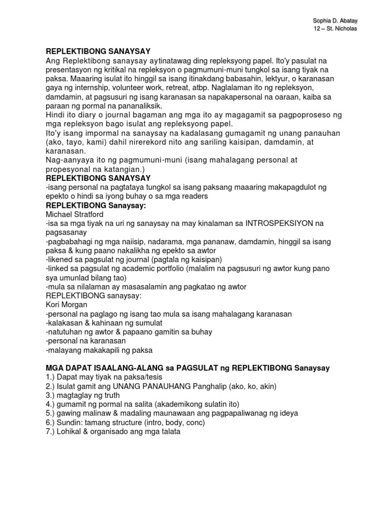 Replektibong Sanaysay | PDF