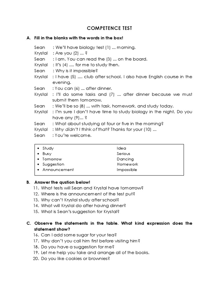 Competence Test: Fill-in-the-Blanks and Questions | PDF | Language Arts ...