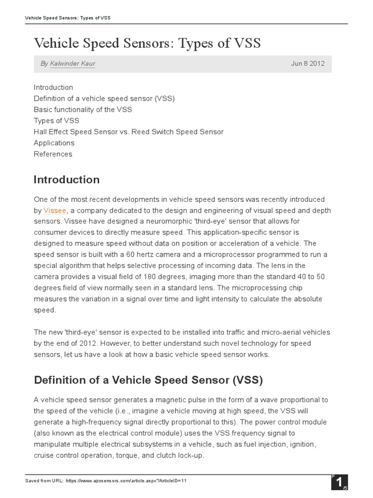 Vehicle Speed Sensors Types of VSS PDF Switch Sensor