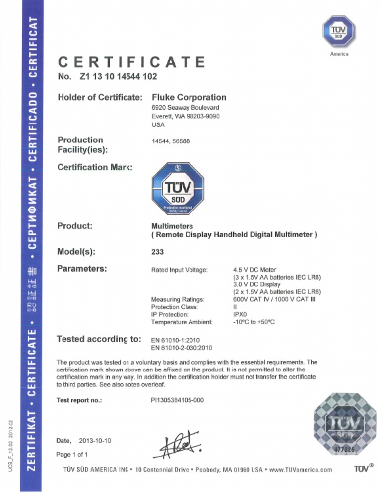 Fluke 233 certificate of conformity.pdf