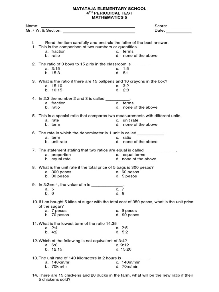 4th Periodical Test: Math 5 Ratios | PDF | Ratio | Fraction (Mathematics)