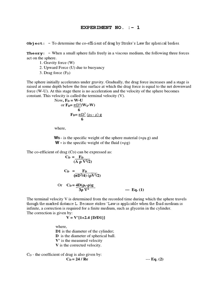 Coefficient of Drag for Spheres Experiment | PDF | Drag (Physics) | Force