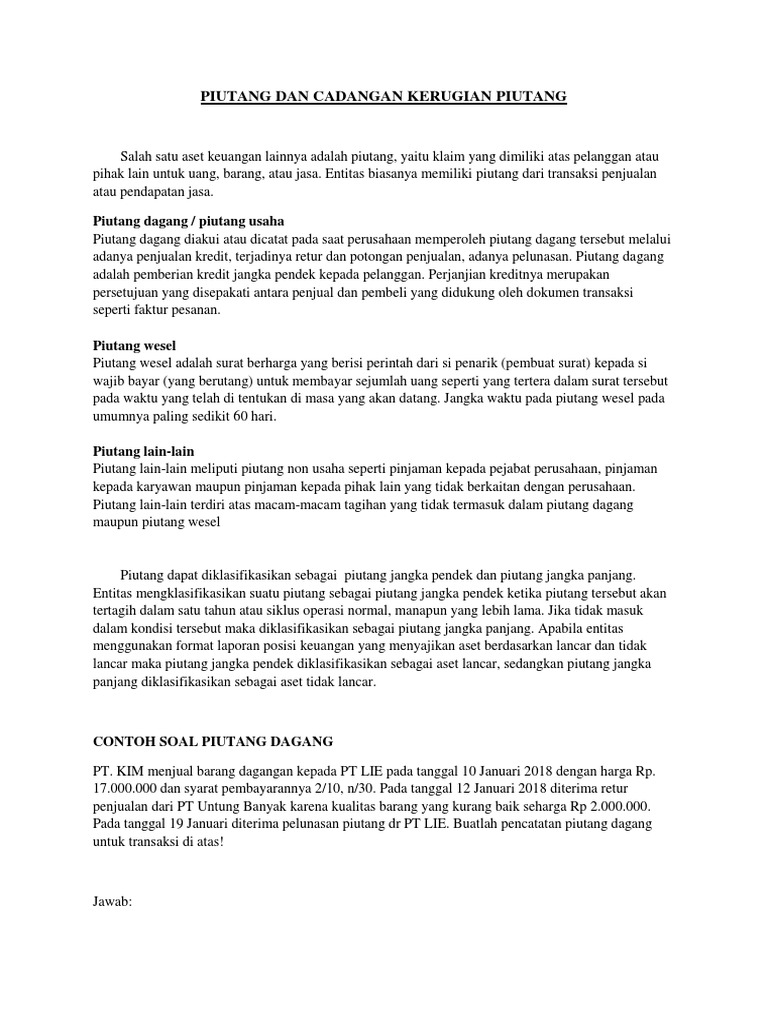 Contoh Soal Dan Jawaban Piutang Dan Cadangan Kerugian Piutang Ckp Pt Kim