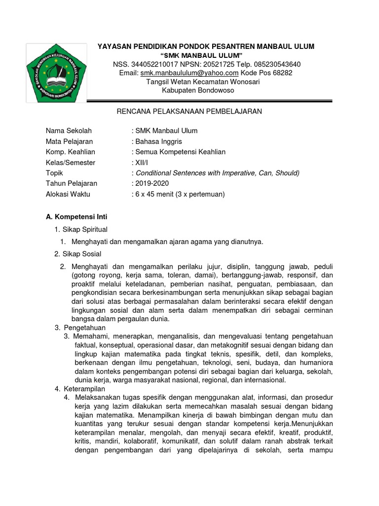 Rpp K13 Xii Semester 1 Conditional Sentences Docx