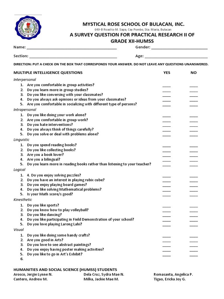 Survey on Multiple Intelligences for HUMSS | PDF | Epistemology ...