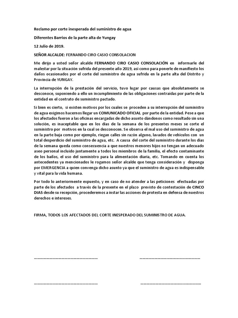Reclamo por corte de agua en Yungay | PDF