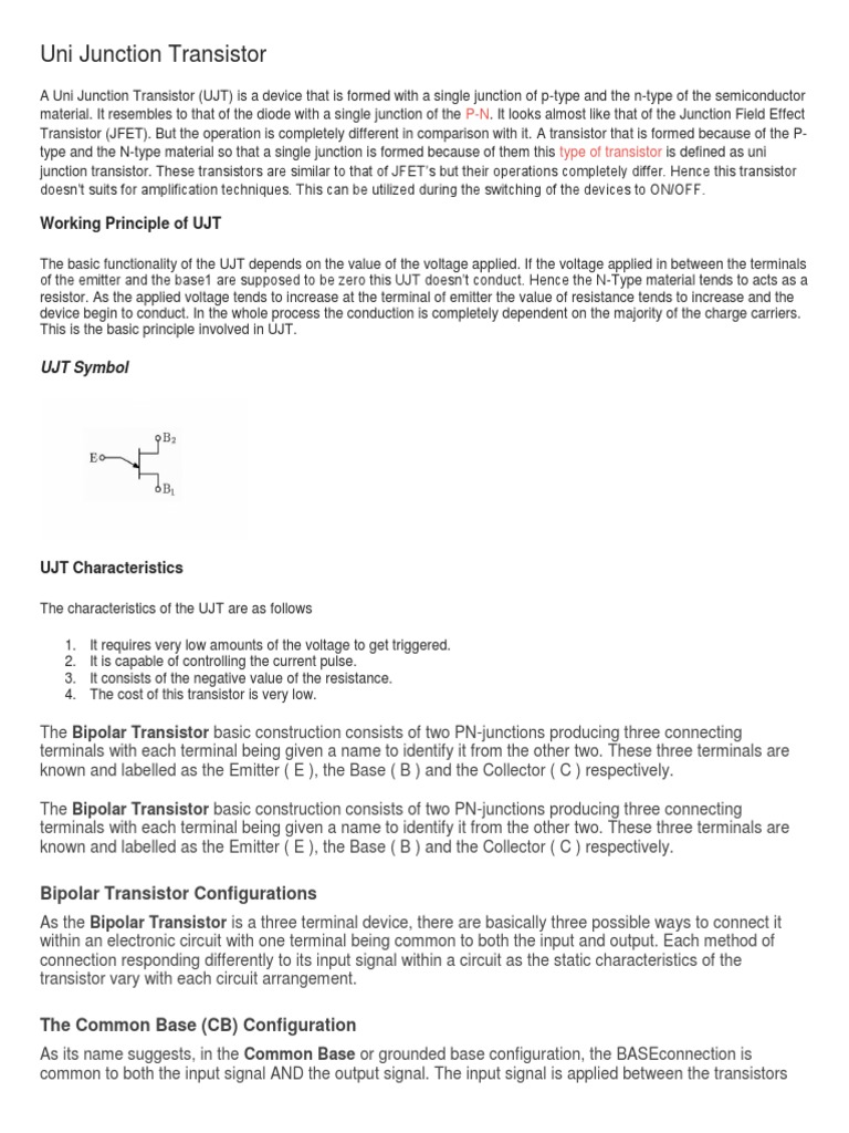 Uni Junction Transistor Working Principle of UJT PDF PN Junction