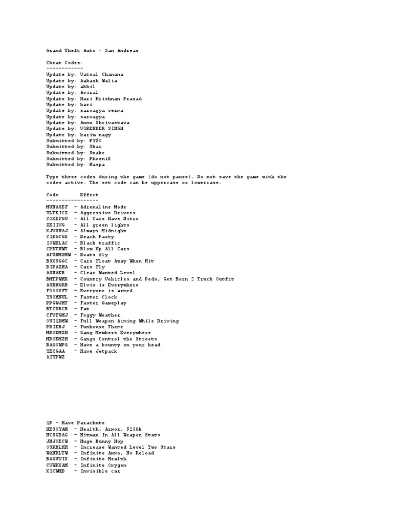 Codes for GTA San Andreas. Only we have all the codes on the cars, money,  weapons in GTA San Andreas