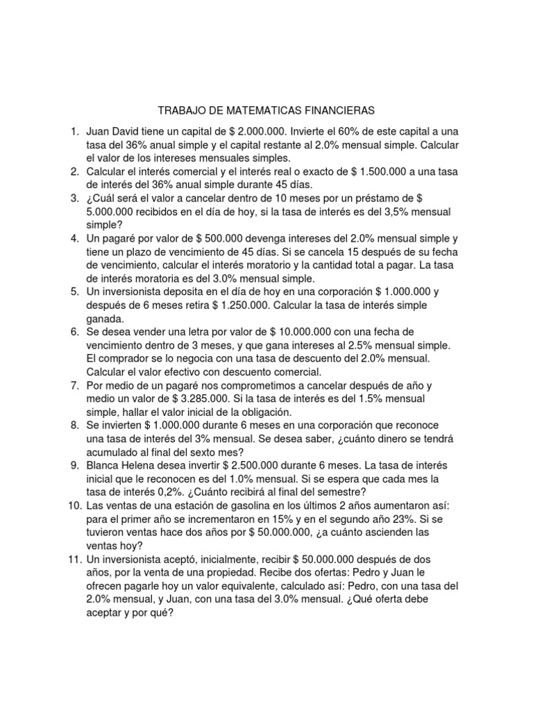 Ejercicios de Matemáticas Financieras | PDF | Finanzas Matemáticas ...