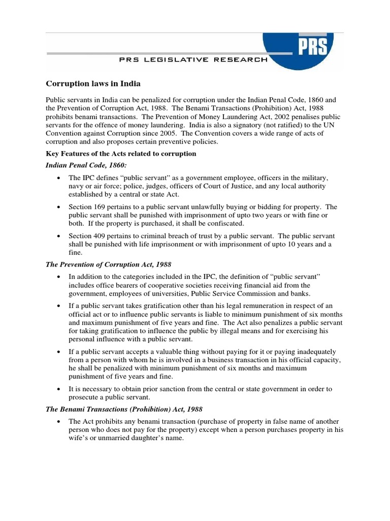 PRS Note On Corruption Laws PDF | PDF | Money Laundering | Crime & Violence
