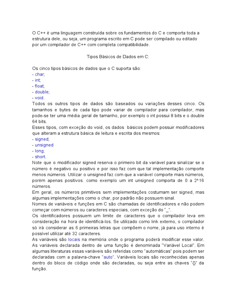 Tipos de Dados e Variáveis em C | PDF | C (linguagem de programação ...