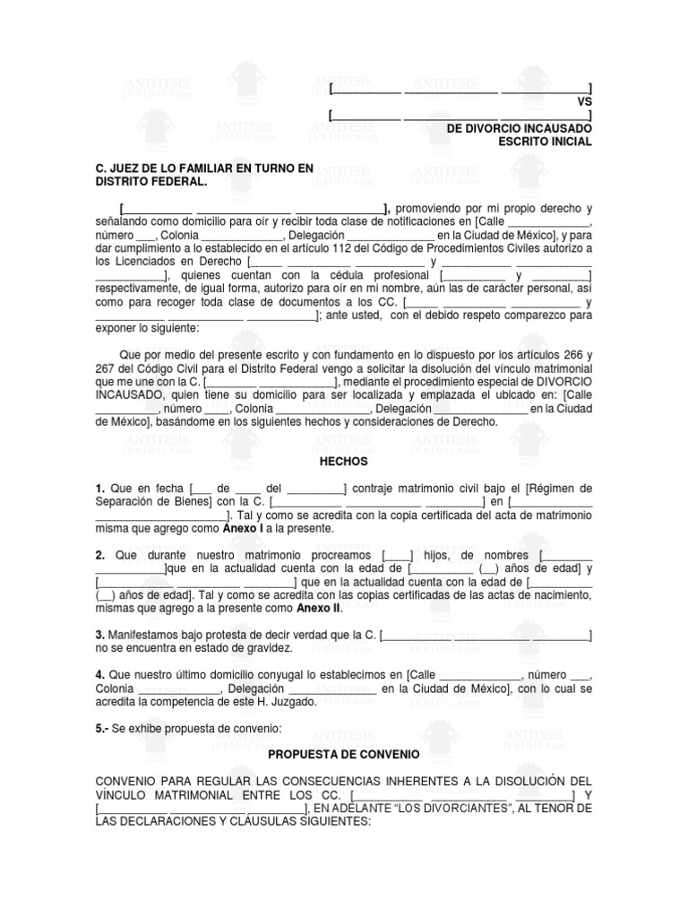 Modelo Demanda de Divorcio Incausado Cdmx Manutención de
