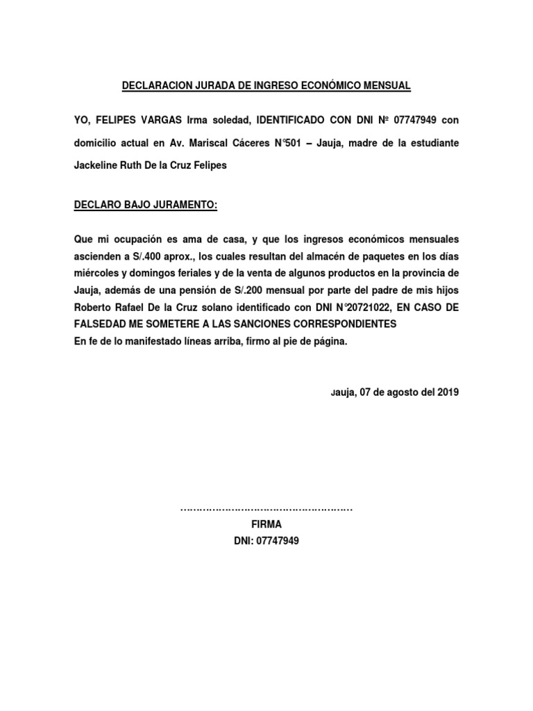 Declaración Jurada de Ingresos Mensuales | PDF