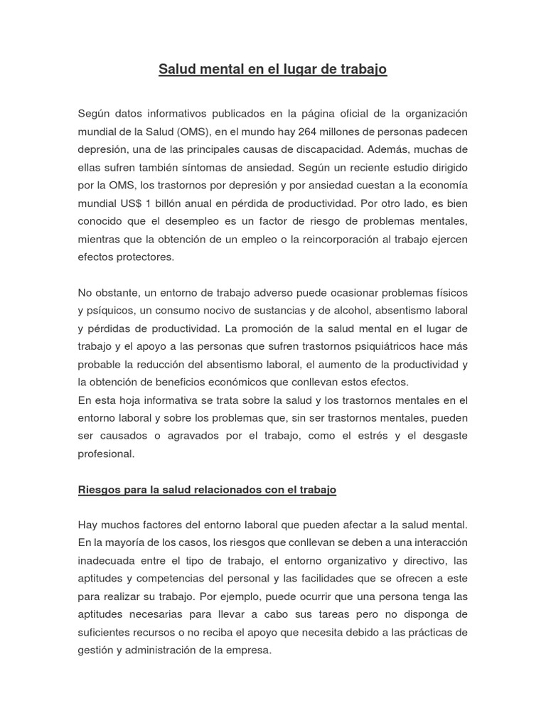 Salud Mental en el Trabajo: Riesgos y Soluciones | PDF | Trastorno ...