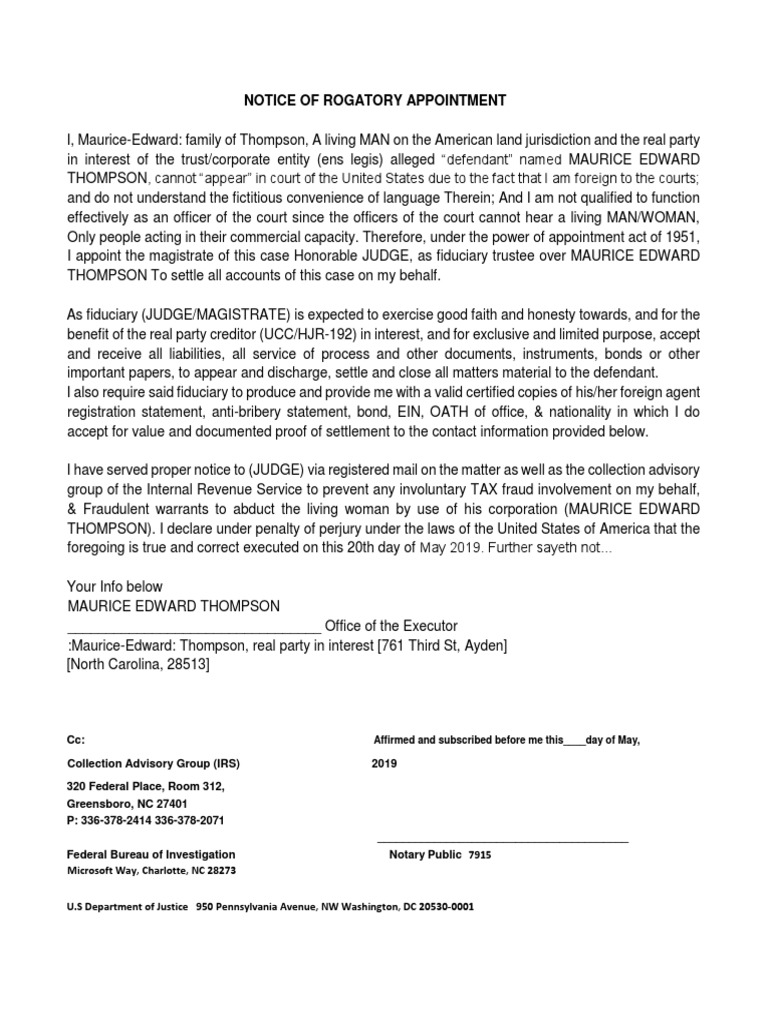 Notice of Rogatory Appointment: Affirmed and Subscribed Before Me This ...