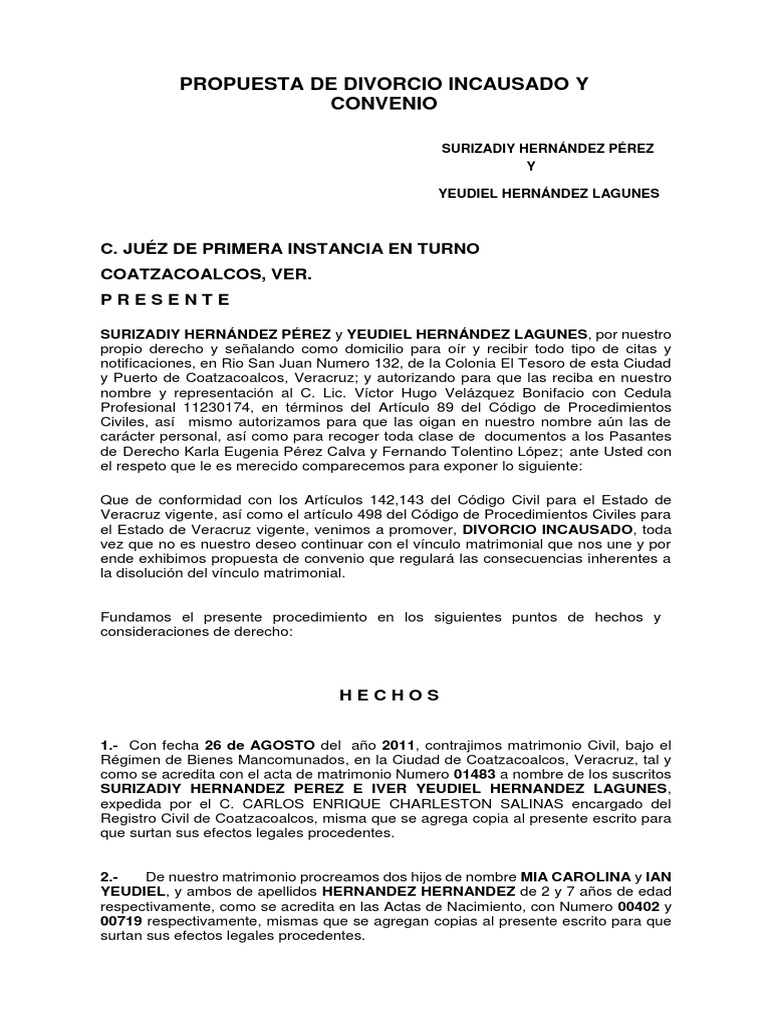 Propuesta de Divorcio Incausado en Veracruz | PDF | Divorcio ...
