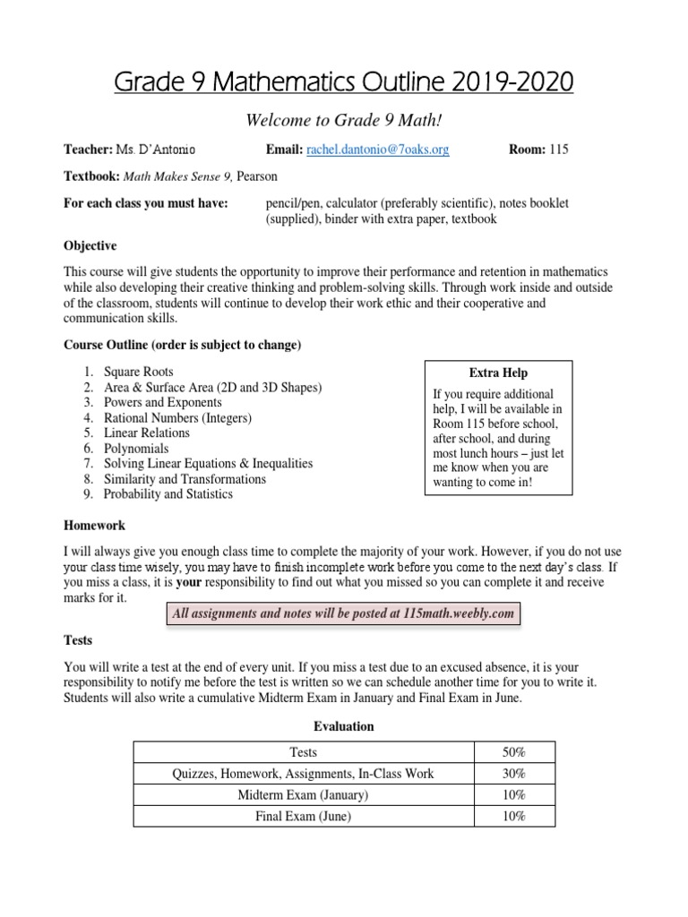 Grade 9 Math Course Outline 2019-2020 | PDF | Homework | Exponentiation