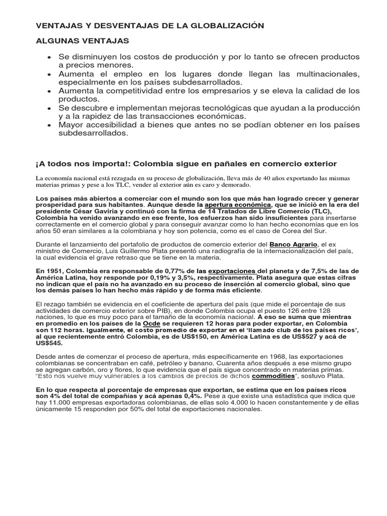 Ventajas y Desventajas de La Globalización | PDF | Colombia | Comercio