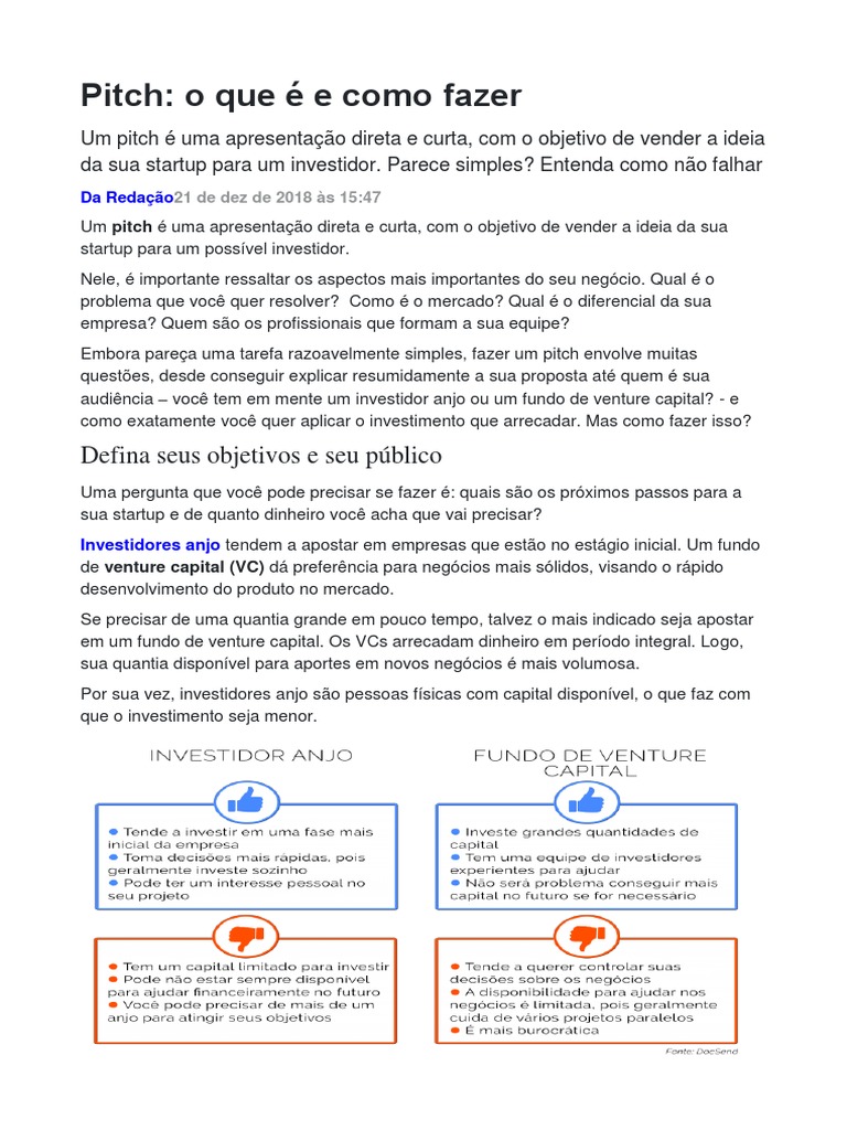 Pitch o Que É e Como Fazer PDF PDF Empresa Startup