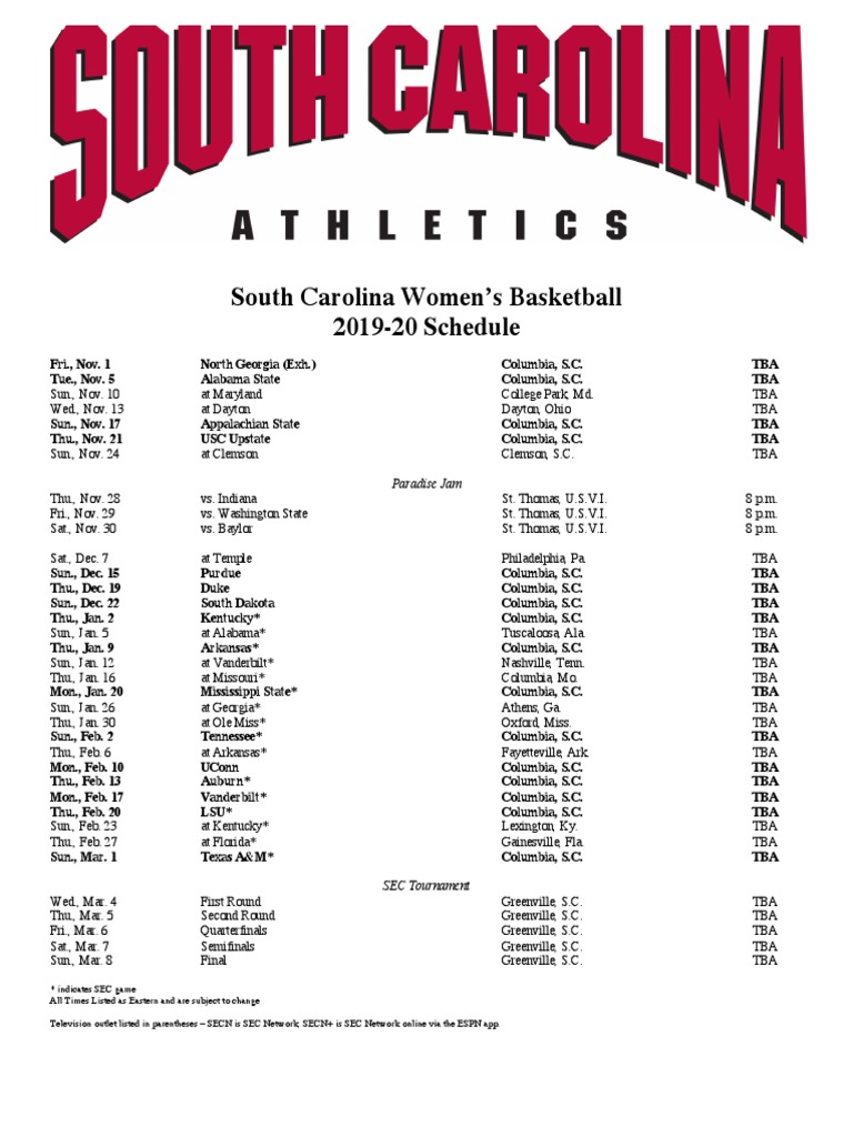 SC women's hoops basketball schedule Southeastern Conference Ncaa