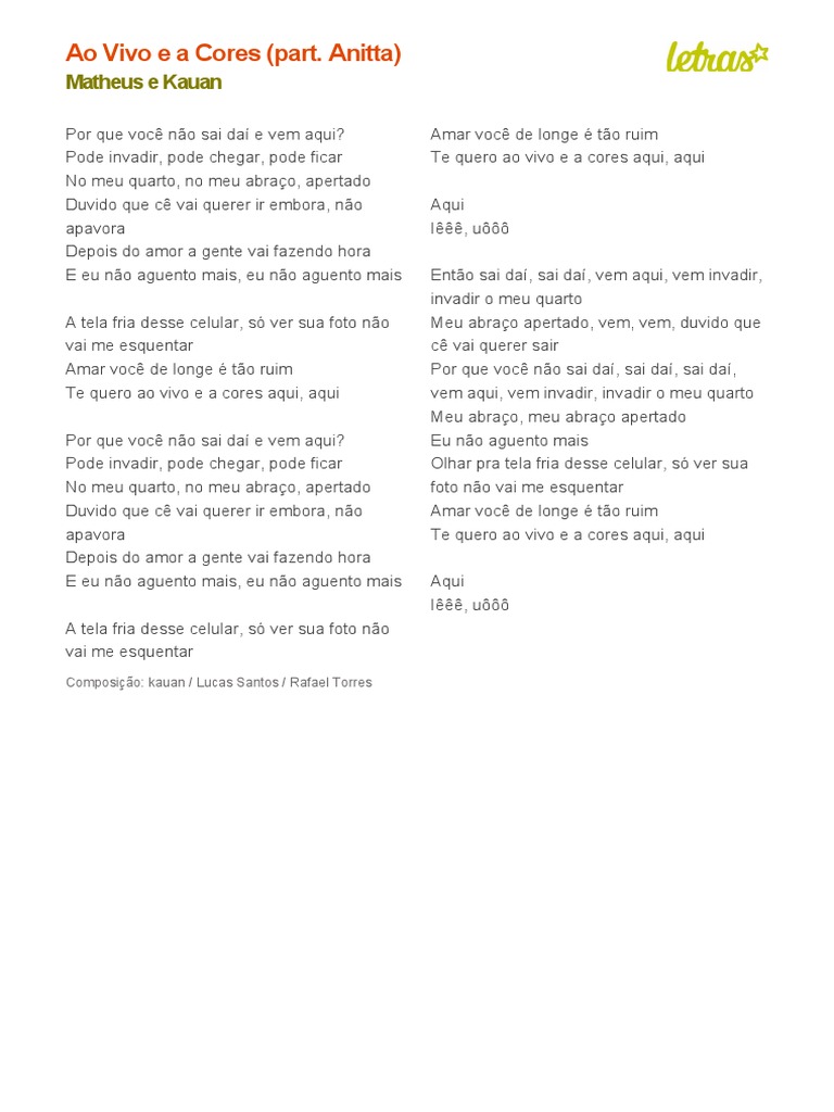 Ao Vivo e a Cores: Letra da Música | PDF