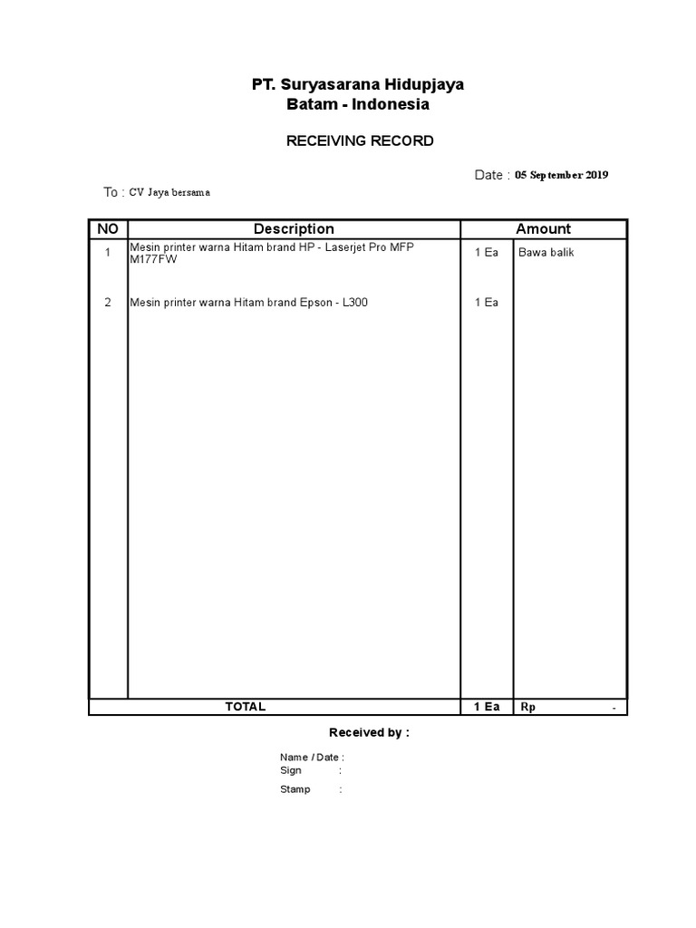 PT. Suryasarana Hidupjaya Batam - Indonesia: Receiving Record | PDF