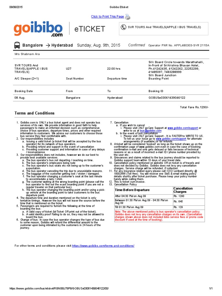 Goibibo Eticket PDF PDF Ticket (Admission) Bus
